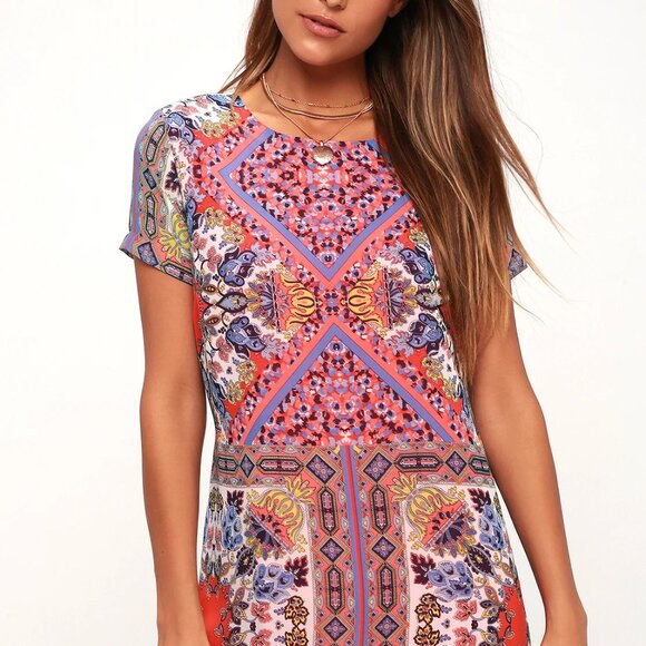 Lulus Sangria Coral Pink Tile Print Shift Dress SIZE LARGE - Picture 2 of 12